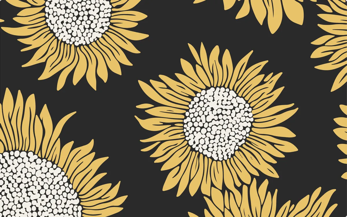 A pattern of yellow sunflowers on a dark background